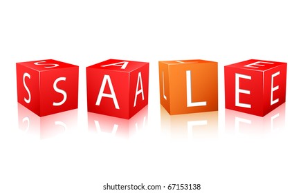 Red and orange cube with sale letters. Vector illustration isolated on white background.