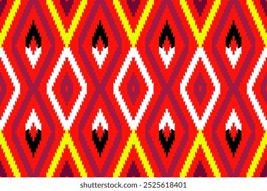 Red and Orange Diamond Geometric Pattern with Tribal Motifs for Ethnic Fashion, Festive Crafts, and Vibrant Decor.