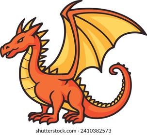 Red orange dragon cartoon standing with wings spread. Mythical creature with fierce expression fantasy vector illustration.