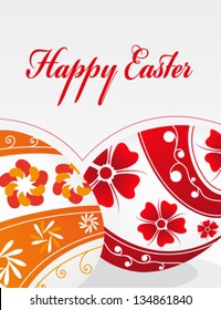 Red and orange Easter eggs with floral pattern on a gray background