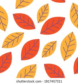 Red orange falling autumn leaves seamless pattern, repetitive plant pattern, vector
