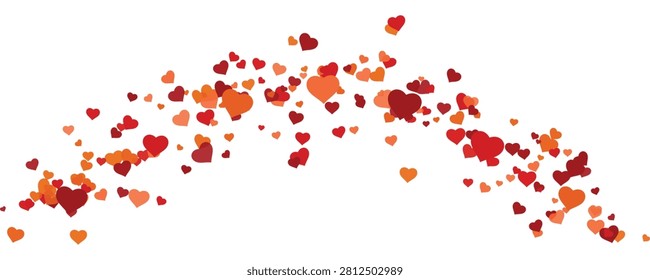 Red and orange falling hearts flying in an arched wave isolated on white background