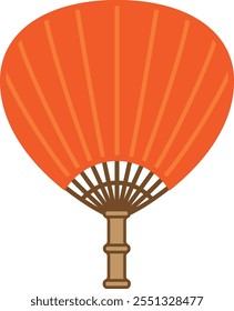 Um ventilador vermelho e laranja com uma pega marrom