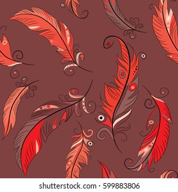 Red and orange feathers seamless pattern. Vector illustration on dark violet background