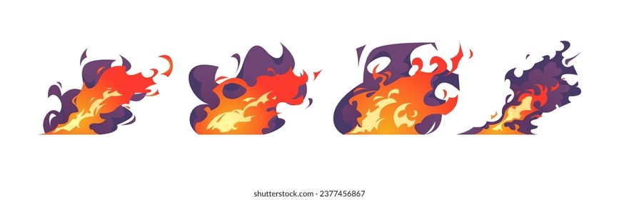 red and orange fire flames set collection fast move trace, burning and explosion, splashes, and smoke effects for video games vfx elements flat illustration