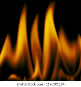 Red orange flames of fire isolated on black background. Tongues of flame. Bonfire. Flash of flame in the night. Abstract square vector illustration