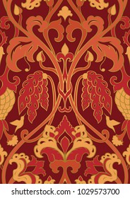 Red and orange floral pattern. Seamless filigree ornament. Stylized template for wallpaper, textile, shawl, carpet and any surface. Pattern with flowers and hummingbird.
