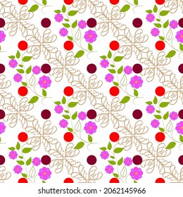 Red, orange flower and green twig pastel pattern. Decorative colorful elegant romantic seamless pattern with flowers for decor, wallpaper, fabric. Abstract fashion texture. Vector illustration