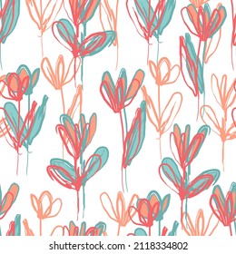 Red and orange flowers abstract pattern. Trendy hand drawn vector floral pattern. Seamless texture for web, textile and stationery. Modern bright abstract flowers and leaves.