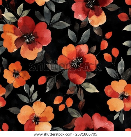 Red and orange flowers on a black background, watercolor flower seamless pattern. Watercolor print in rustic vintage style, textile or wallpapers.
