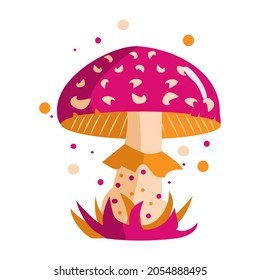 Red orange fly agaric Magic fantasy mushroom isolated on white background. Cartoon vector illustration