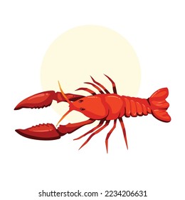 Red orange fresh lobster or cray fish vector illustration isolated on white background with yellow circle. Cartoon flat art styled sea food pictogram animals.