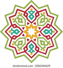 A red and orange geometric Islamic pattern featuring a crescent moon, symbolizing Ramadan warmth and devotion.