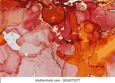 Red, orange and gold stone texture of marble. Alcohol ink oriental technique. Abstract vector background. Modern flow paint in natural colors with glitter. Design template for banner, poster.