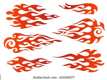 Red to orange gradient colored fire, old school flame elements, isolated vector illustration