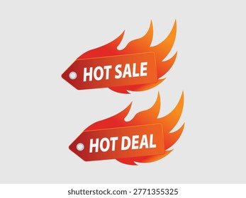 Red orange gradient tags shaped like flames, hot sale and hot deal text.