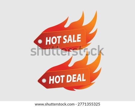Red orange gradient tags shaped like flames, hot sale and hot deal text.