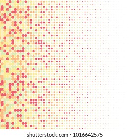 Red, orange, gray halftone dots. Colorful geometric gradient for pop art designs. Geometric vintage monochrome fade wallpaper. Pop art print. Dotted geometric retro pattern. Comic halftone background.