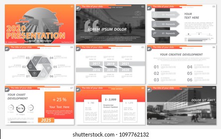 Rojo, naranja, gris, plantilla de presentación, fondo oscuro. 2020.Creative. Los mejores artículos de infografía. folleto, volante, informe corporativo, marketing, pantalla, publicidad, documento, informe anual,vector