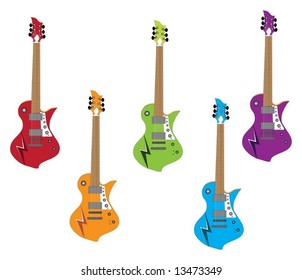 Red, orange, green, blue and purple electric guitars
