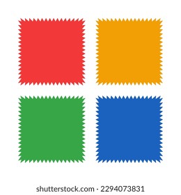 Red, orange, green and blue zigzag squares. A group of 4 colourful squared shapes with jagged edges. Isolated on a white background.