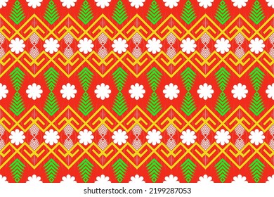 Red, orange, green, shapes abstract pattern seamless ethnic motif row geometric background. Vector illustration design for textiles, curtain, carpet, wallpaper, wrapping paper, clothing, fabric.