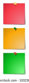 Red, orange and green sticky notes with pins isolated on awhite background