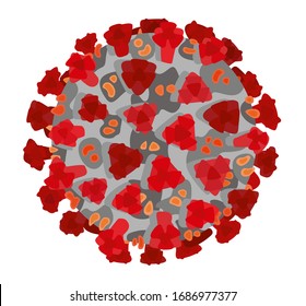 Red, orange and grey covi-19 virus true form vector illustration. Real round shape isolated under microscope. Zoom on Sars-Cov-2 Pandemic. Coronavirus symptoms, dangers, and diagnosed cases.