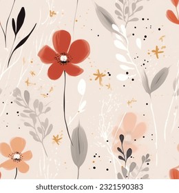 Red Orange Grey Wild Flowers Abstract Seamless Pattern Wallpaper Background 