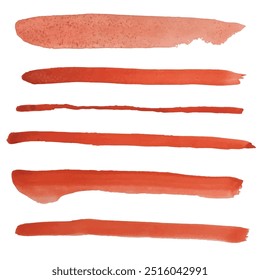 Red orange grunge textured watercolor paint brush strokes. Design elements each isolated on white