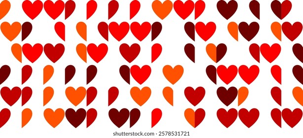 Red and orange heart shapes are arranged in a pattern on a white background, evoking love, warmth, and decorative design. Ideal for Valentine's Day, romantic themes, or festive graphic projects.