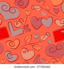Red and orange hearts, rose flower, letter and love text seamless pattern. Vector illustration.