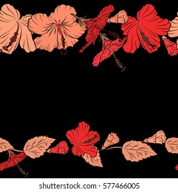 Red and orange hibiscus flowers with copy space (place for your text) in a trendy vector style. Horizontal hawaiian tropical natural floral seamless pattern in red and orange colors.