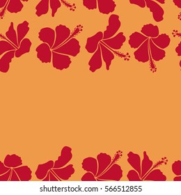 Red and orange hibiscus seamless pattern. Vector seamless pattern with tropical flowers in watercolor style with copy space (place for your text). Horizontal Vector illustration.