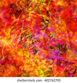 Red and orange with inclusions of black, purples and yellows. Abstract vector pattern. Randomly mixed elements. Watercolor effect and blur.