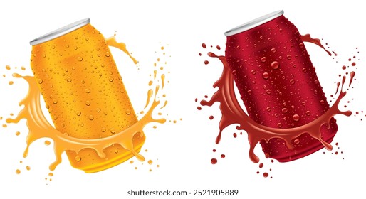 Red and Orange juice can with splash and many juice drops	