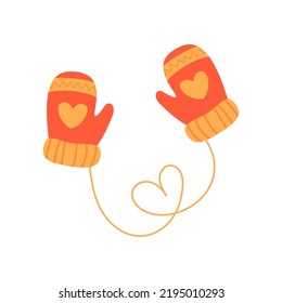 Red and orange knitted mittens. Christmas gloves with heart. Vector illustration