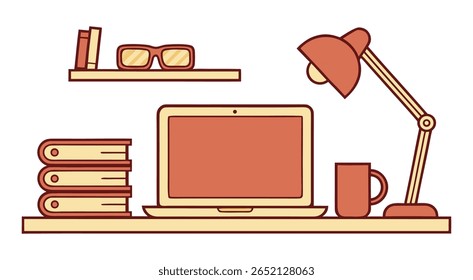Red Orange Laptop Desk Workspace Books Glasses Lamp Mug