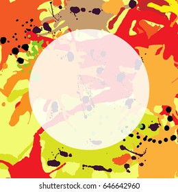 Red orange maroon artistic ink splashes. vector background square. Greeting card or invitation template with semi-transparent round frame for text