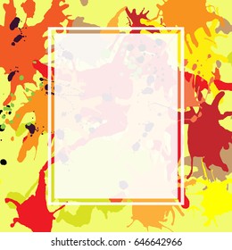 Red orange maroon artistic ink splashes vector background. Greeting card or invitation template with semi-transparent rectangle frame for text