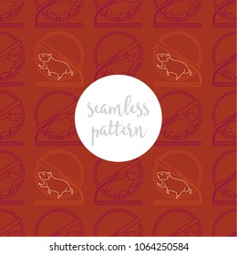Red, orange and maroon repeating seamless pattern of tan yellow hamster running in cage wheel