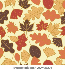 Red, orange and mustard yellow autumn leaves seamless pattern over maple background print. Fall vector illustration. For kids, autumn parties or home decor projects. Surface pattern design.