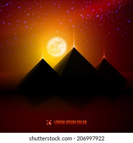 Red and orange night  egypt  desert  landscape background  illustration with moon, pyramids, landmark and stars