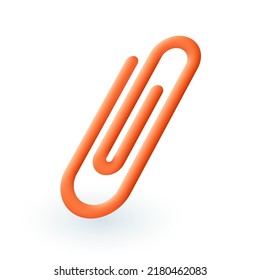 Red or orange paper clip 3D icon. Paperclip for work or school documents 3D vector illustration on white background. Business, education, paperwork, stationery concept