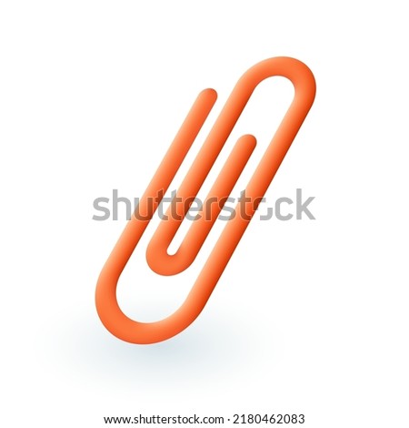 Red or orange paper clip 3D icon. Paperclip for work or school documents 3D vector illustration on white background. Business, education, paperwork, stationery concept