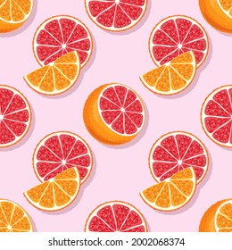 Red and orange parts seamless pattern. Whole, half, slice and wedge of Sicilian orange. Cartoon style. Vector illustration.