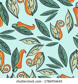 Red and orange pepper with green leaves on a green background, vector seamless pattern for design and creativity