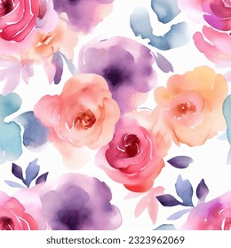 Red Orange Pink Aqua Violet Colorful Roses Floral Watercolor Seamless Pattern Wallpaper Background Vector
