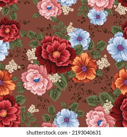 red orange pink and blue vector stock flowers with green leaves bunches pattern on background