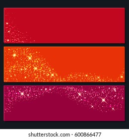 Red, orange and pink horizontal banners with magical stars. Background of glowing light effect stars. Shining glitter particles allocated on neutral background. Eps 10 vector illustration.
